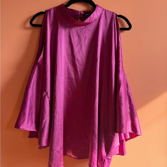 Pink fuschia satin faced mock neck batwing blouse size xl - Picture 2 of 4